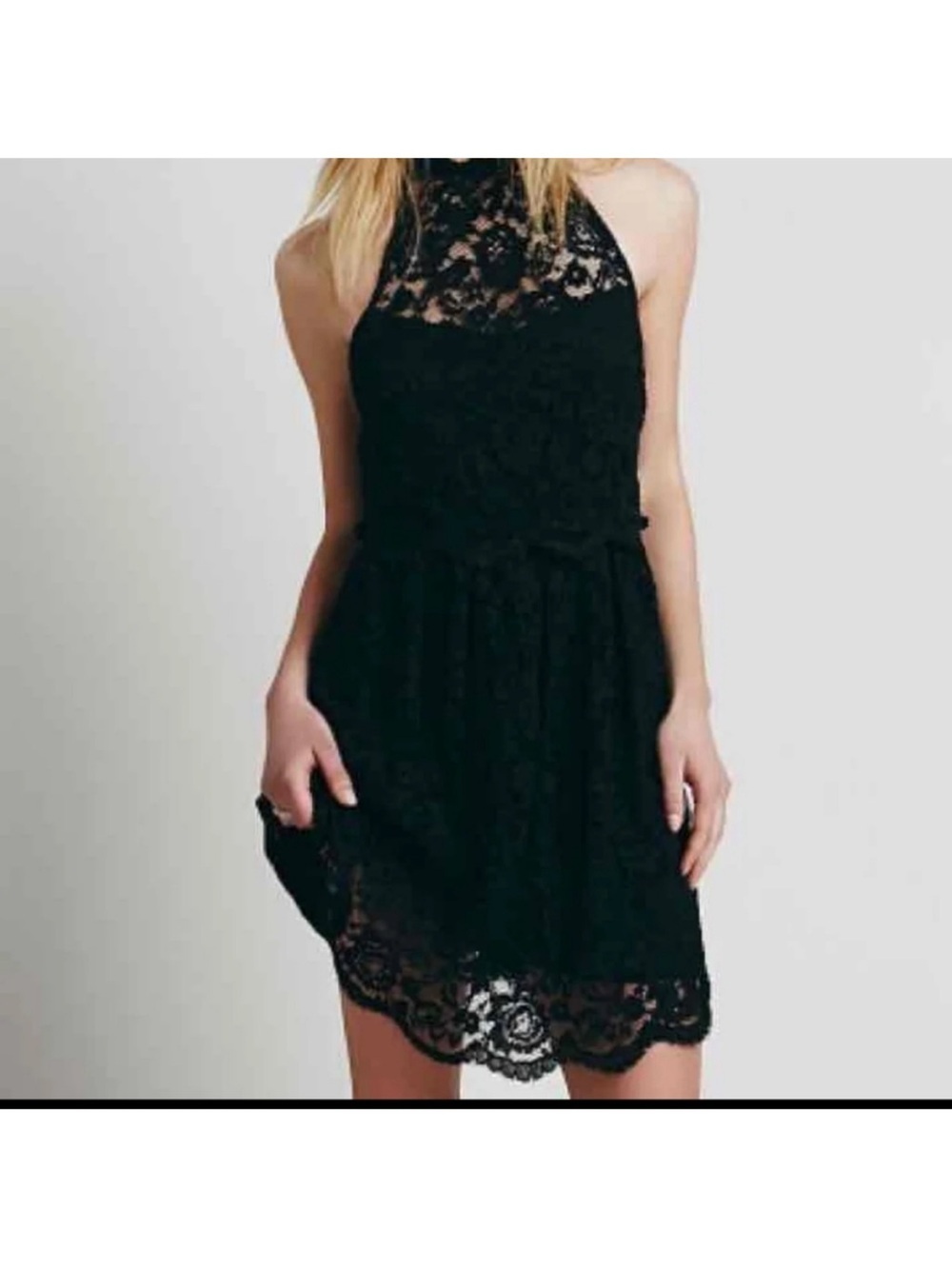 Free People Black Lace Lost in A Dream Halter Mini Dress